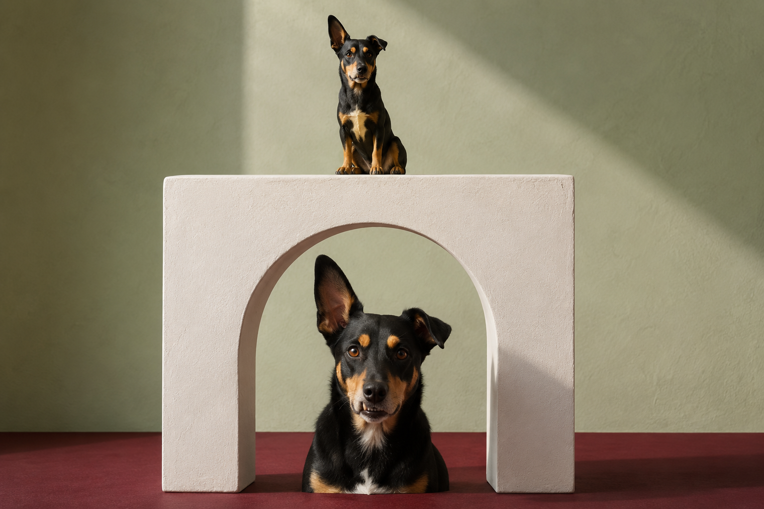 A sculptural dog portrait presented in an architectural setting
