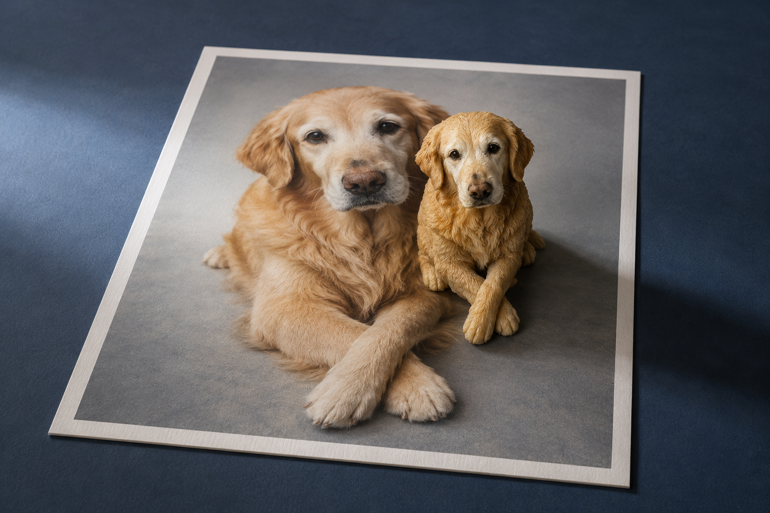 A golden retriever sculpture displayed with its portrait