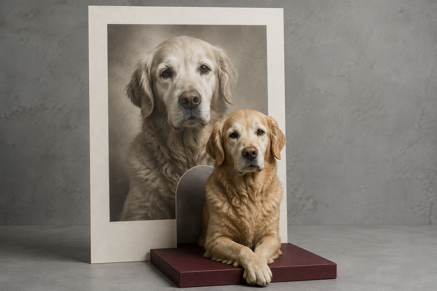 A golden retriever portrait translated into a sculptural keepsake