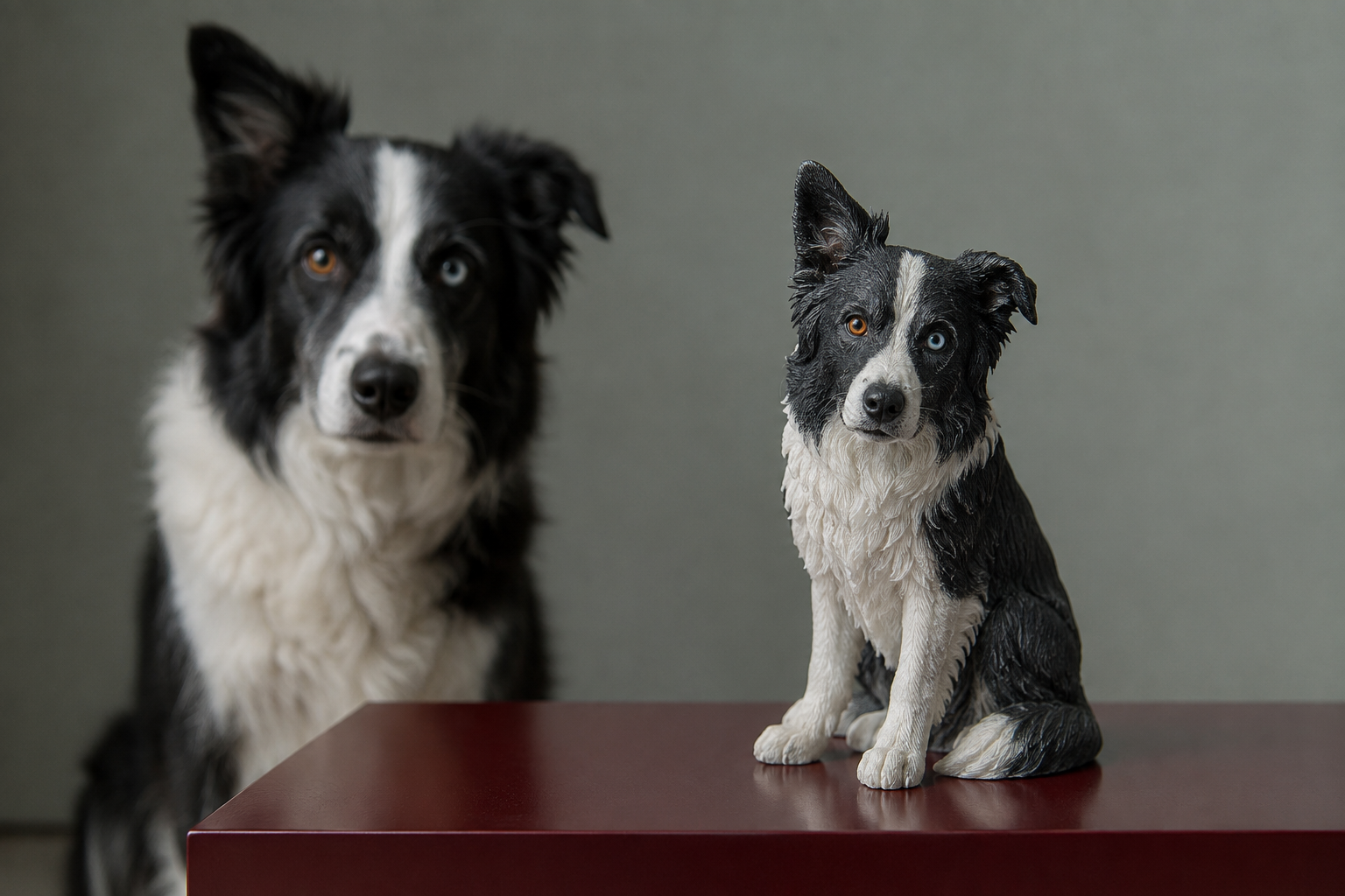A border collie beside its sculptural portrait
